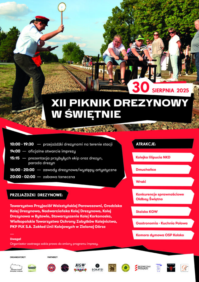 Plakat reklamujący XII edycję „Pikniku drezynowego w Świętnie”