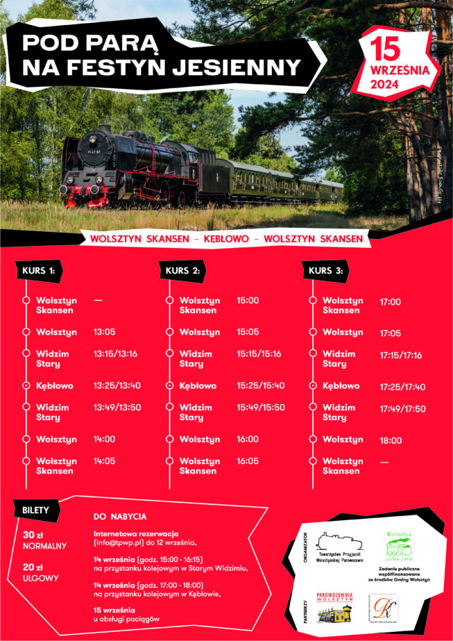 Plakat reklamujący pociągi specjalne relacji Wolsztyn Skansen – Kębłowo – Wolsztyn Skansen uruchamiane z okazji „Festynu jesiennego w Skansenie”